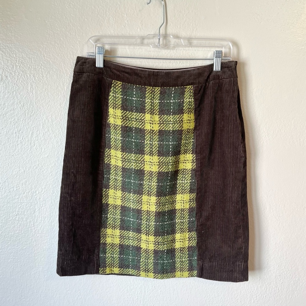 Anthropologie Maeve Brown Corduroy Skirt with Plaid Print size 10